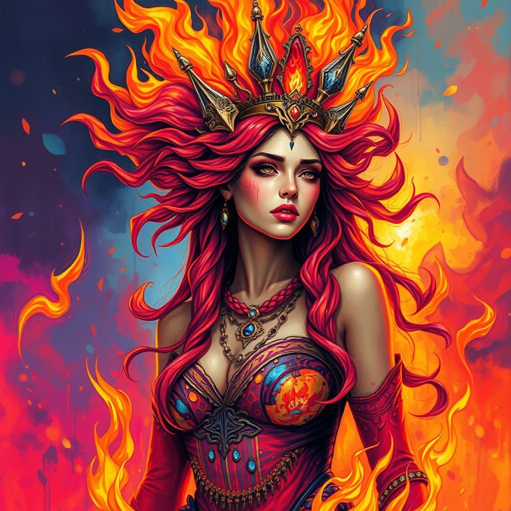 Vibrant Fire Goddess in Street Art Style