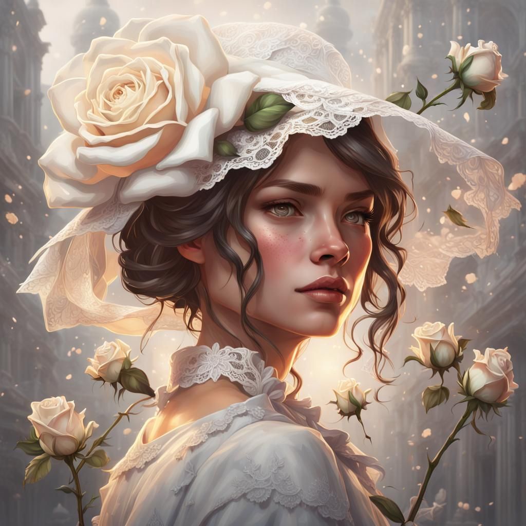 Hyperrealistic Burnt White Rose with Lace Bow