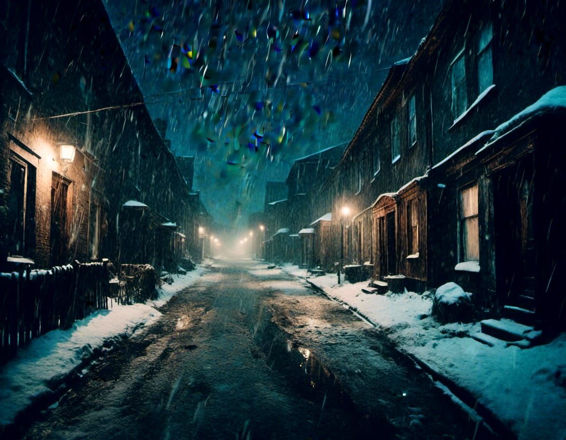 Snowy City Street at Night with Christmas Lights
