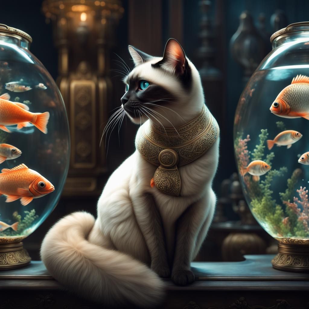 Siamese Cat in Fish-Themed Thobe, Digital Painting