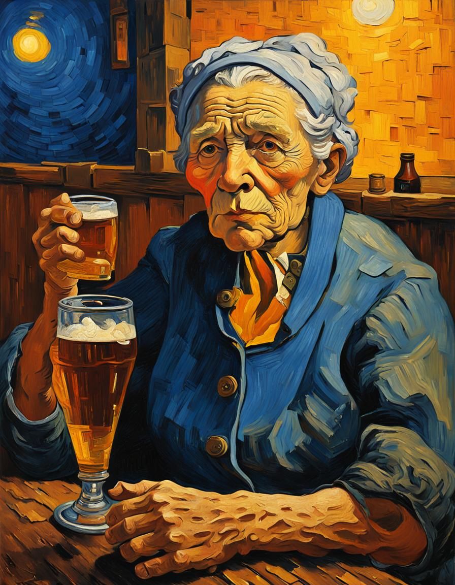 Expressionist Painting of Woman Drinking Ale in Tavern