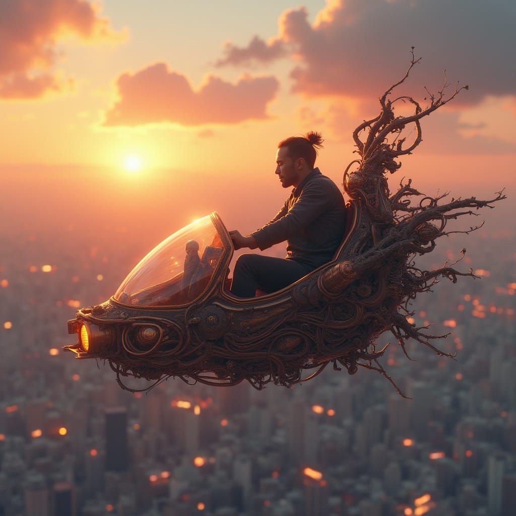 Man Soars Over Tokyo in a Futuristic Flying Chair at Sunset,...