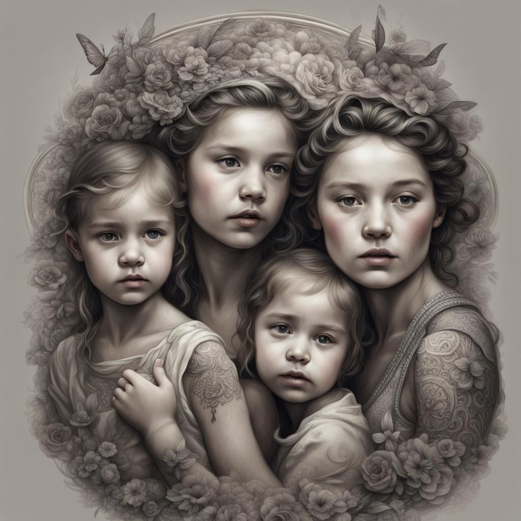 Tattoo Design: Mother and Three Daughters, Hyperrealistic Ar...