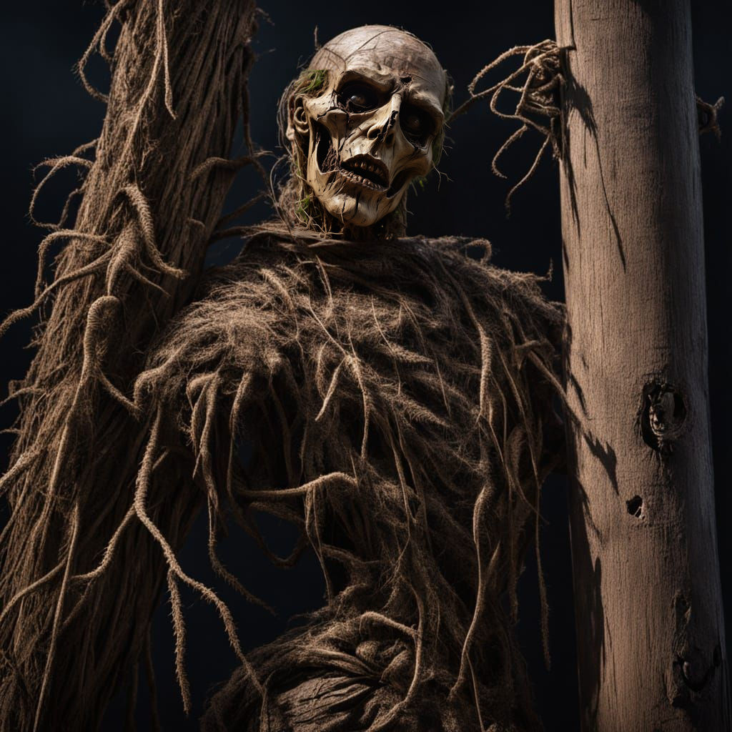 Horror Realism: Crucified Scarecrow in Ominous Landscape