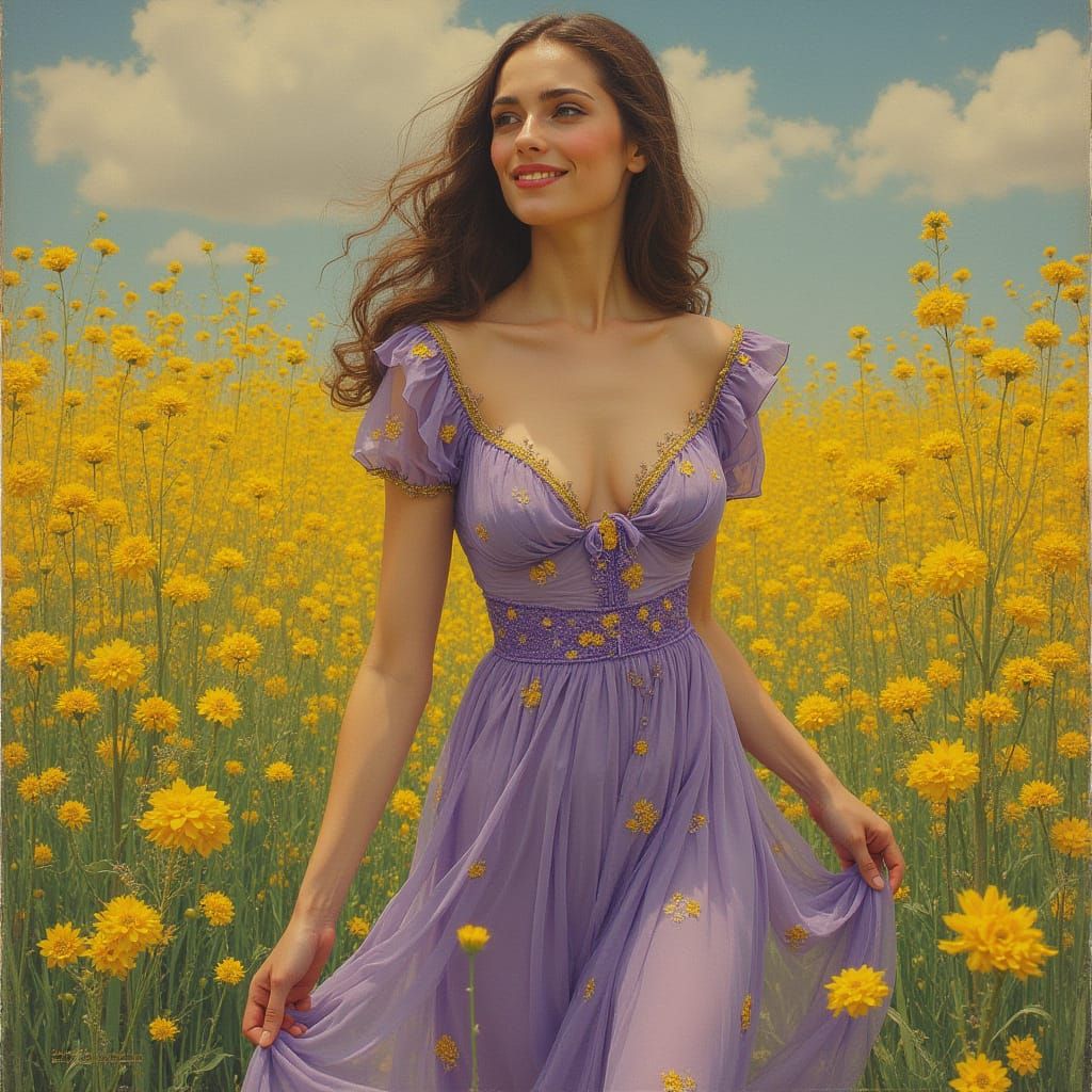 Blonde Woman in Embroidered Dress, Art Nouveau Style