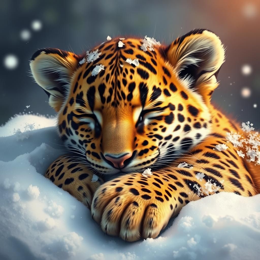 Sleeping Baby Leopard in Snow: Hyperrealistic Splash Art