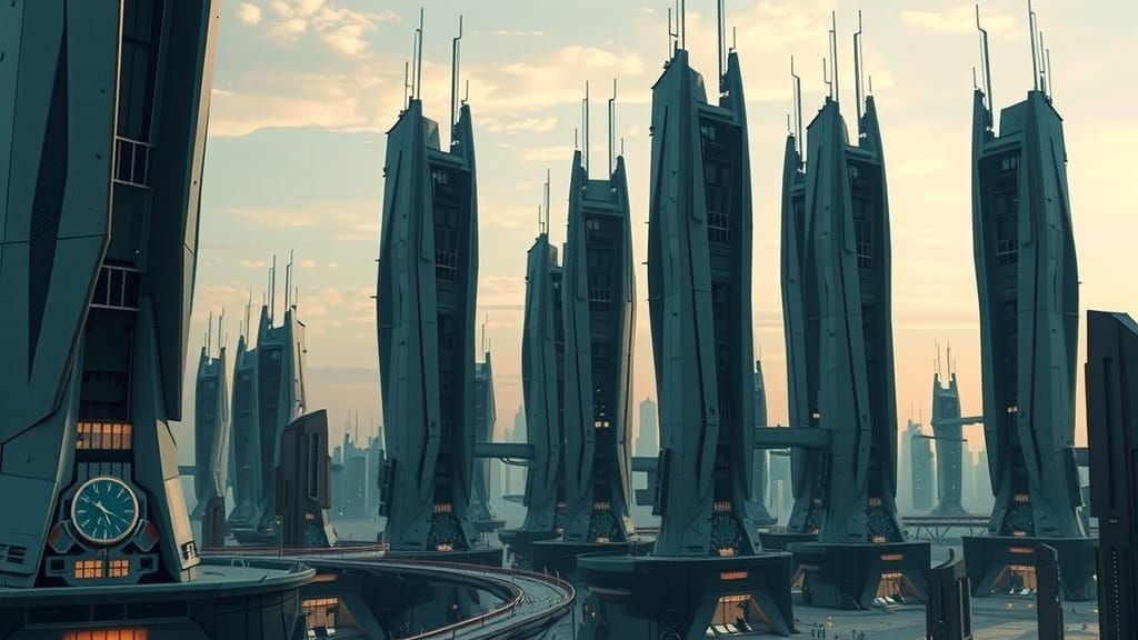 Neon Cyber Cityscape in Brutalist Style