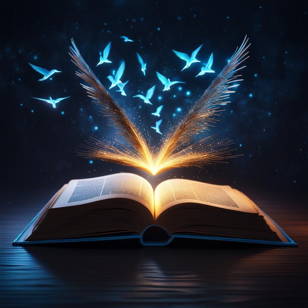 Bioluminescent Book Unleashes Flying Birds: Fantasy Art