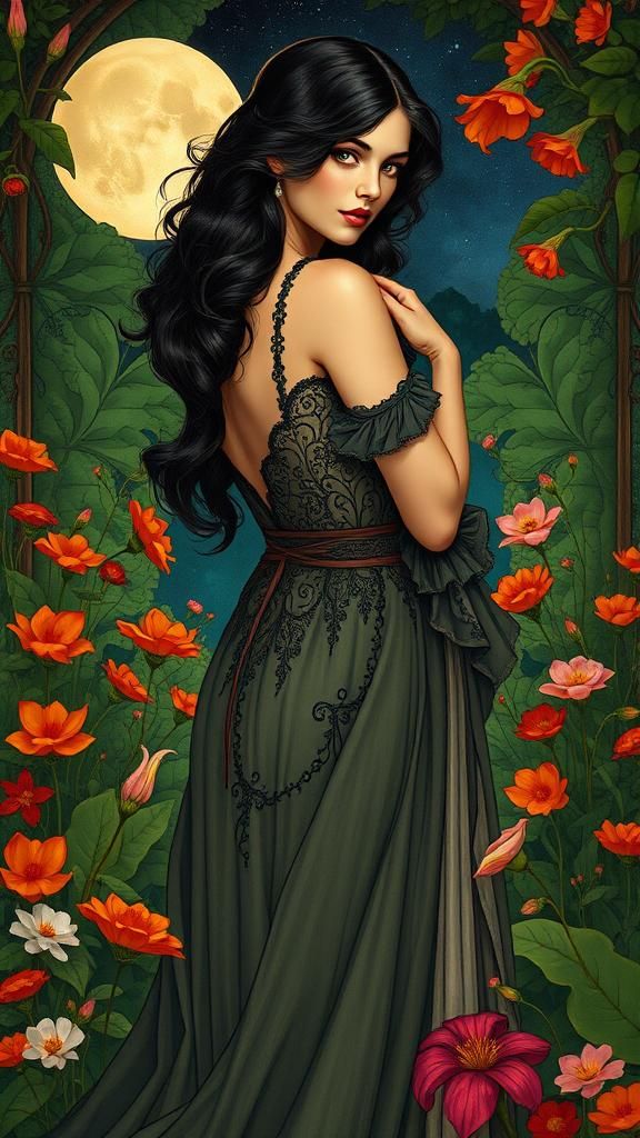 Elegant Woman in Moonlit Garden, Art Nouveau Style