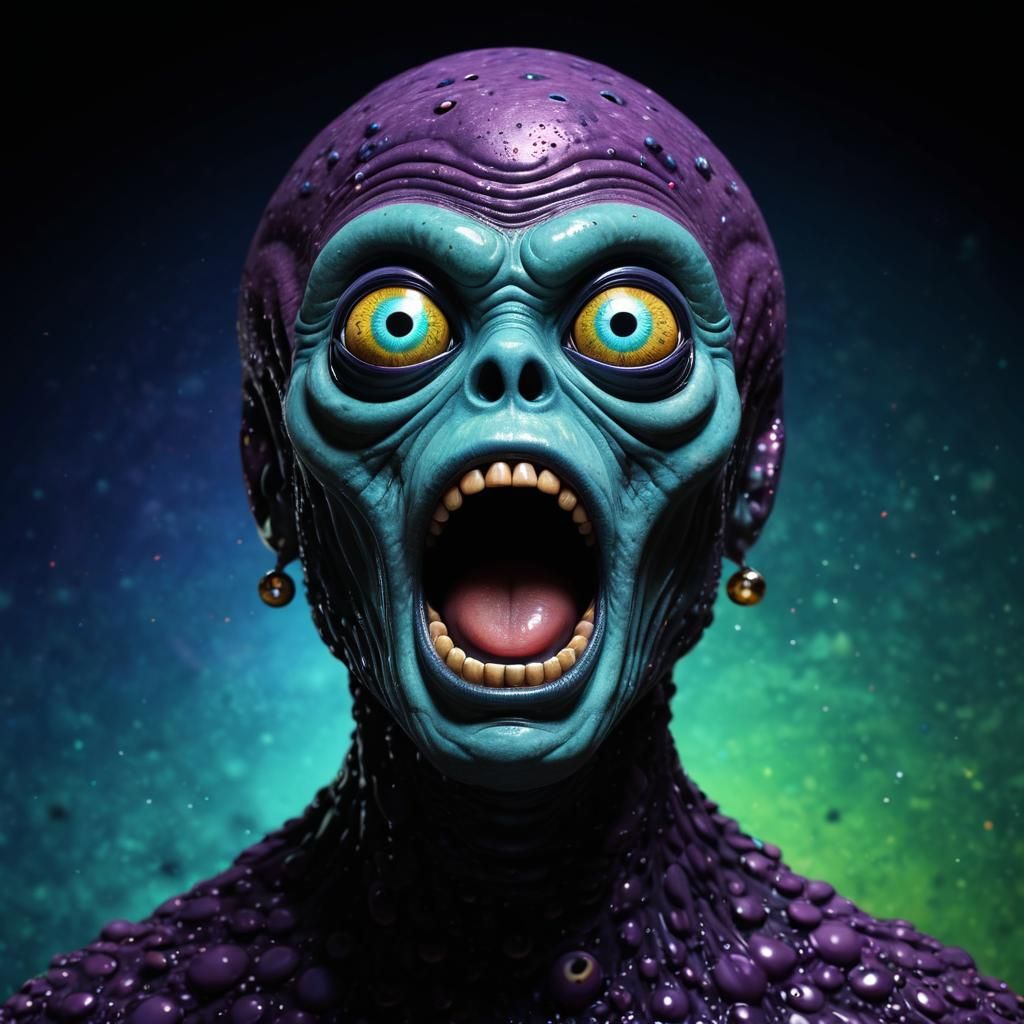 Surrealistic Alien with Bubble Eyes in Psychedelic Scene