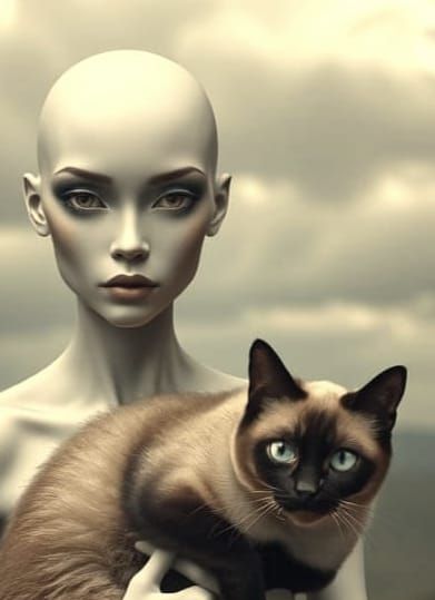 Ethereal Woman in Surreal Landscape with Siamese Cat