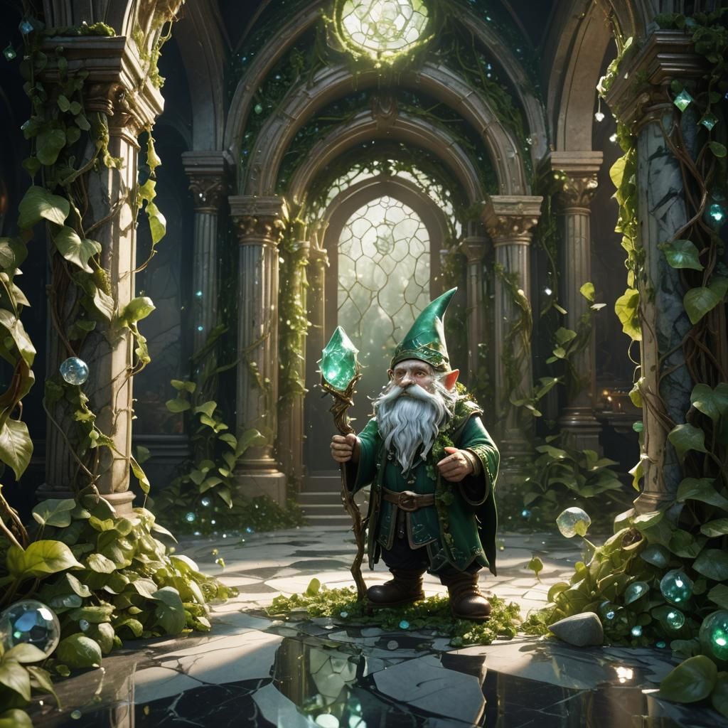 Gnome in Crystalline Hall: Dark Fantasy Concept Art