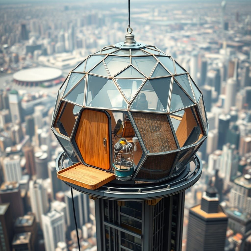 Futuristic Geodesic Birdhouse on Skyscraper