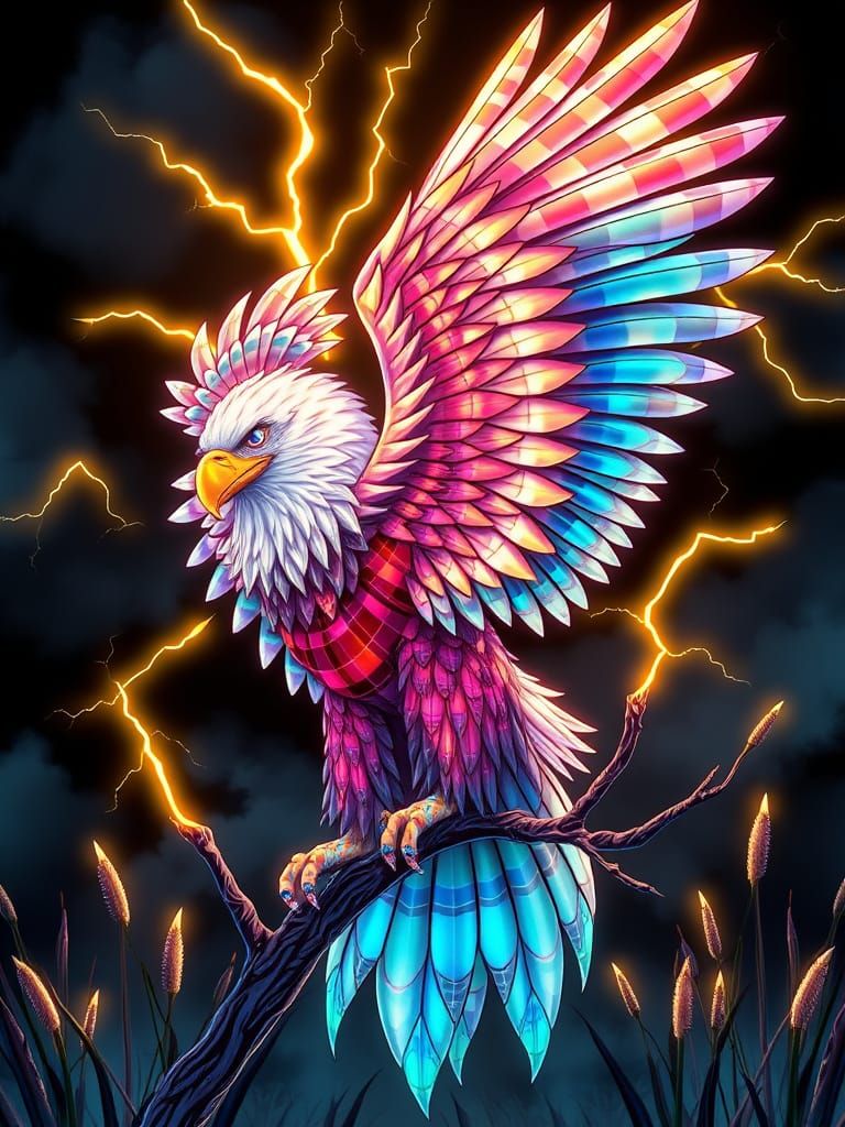 Iridescent Eagle with Fractal Feathers and Lightning