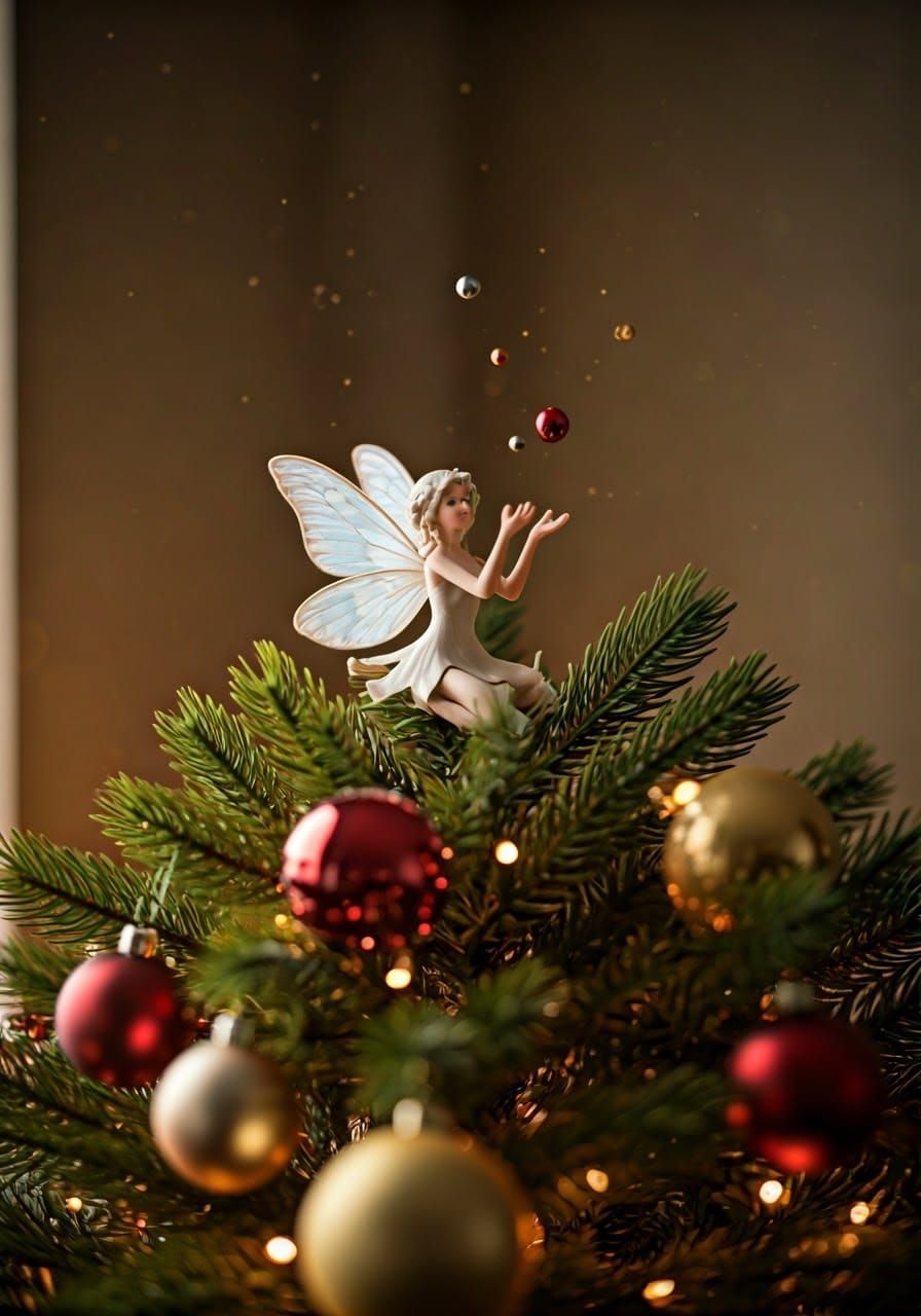Whimsical Fairy Throws Baubles in Christmas Tree Celebration