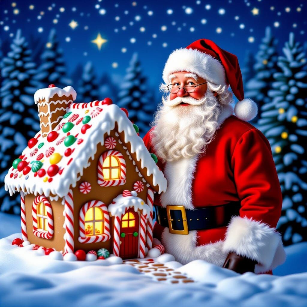 Jolly Santa Claus by Gingerbread House in Winter