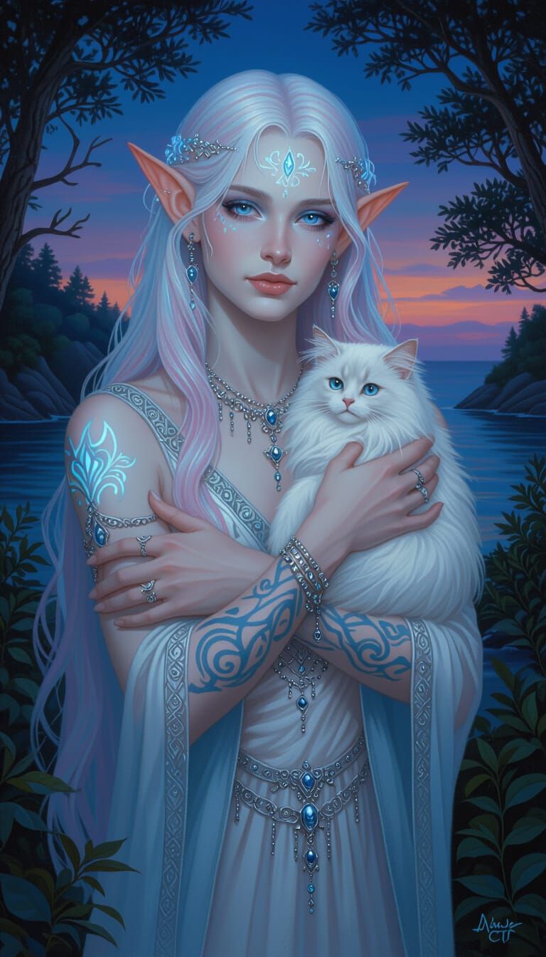 Gender-Fluid Elf with Cat, Pre-Raphaelite Oil Painting