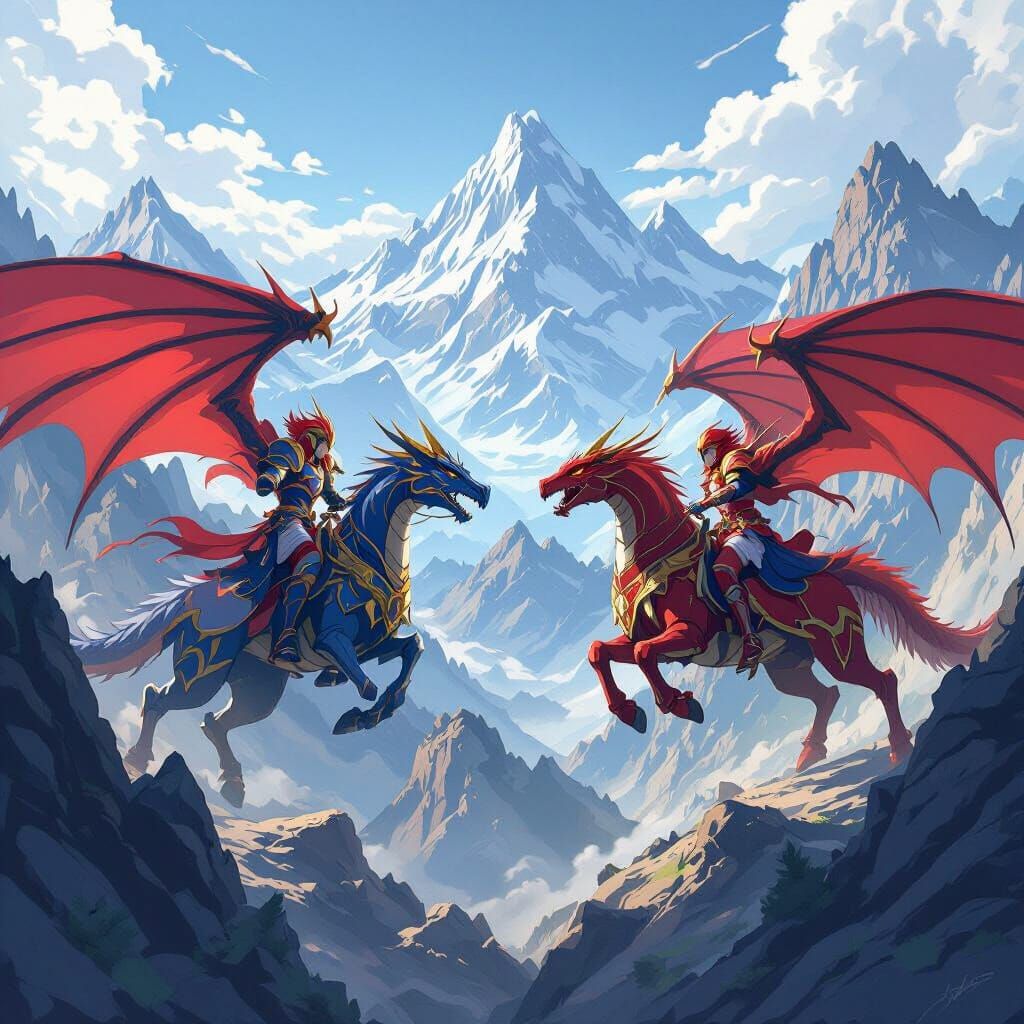 Dragon Riders Battle on Mystical Mountaintops in Anime Style
