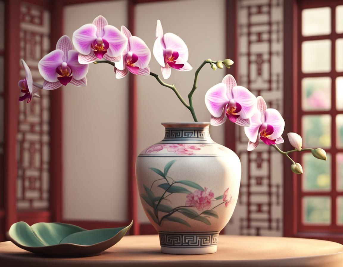 Orchid in Vase with Bee in 3D Style