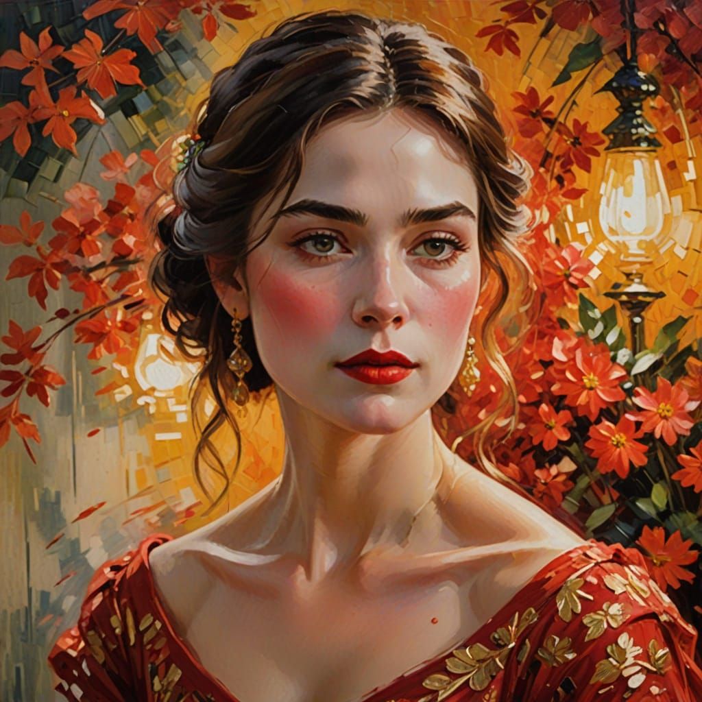 Impressionist Woman in Red Dress with Crimson Lips