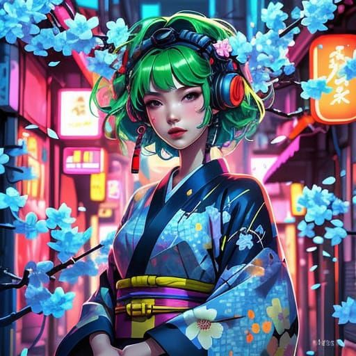 Cyberpunk Geisha in Neon-Lit Alleyway