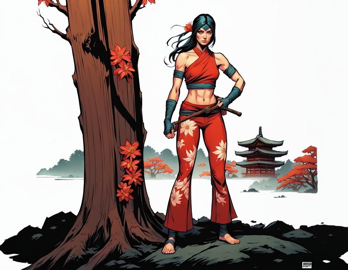 Hippie Ninja Superhero in Shinto Forest: Comic Book Art