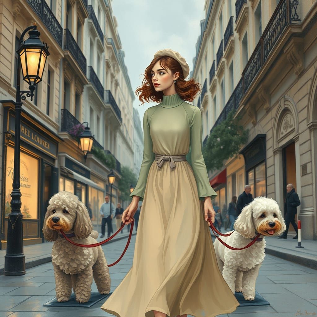 Parisian Woman with Poodles in Gouache Painting Style