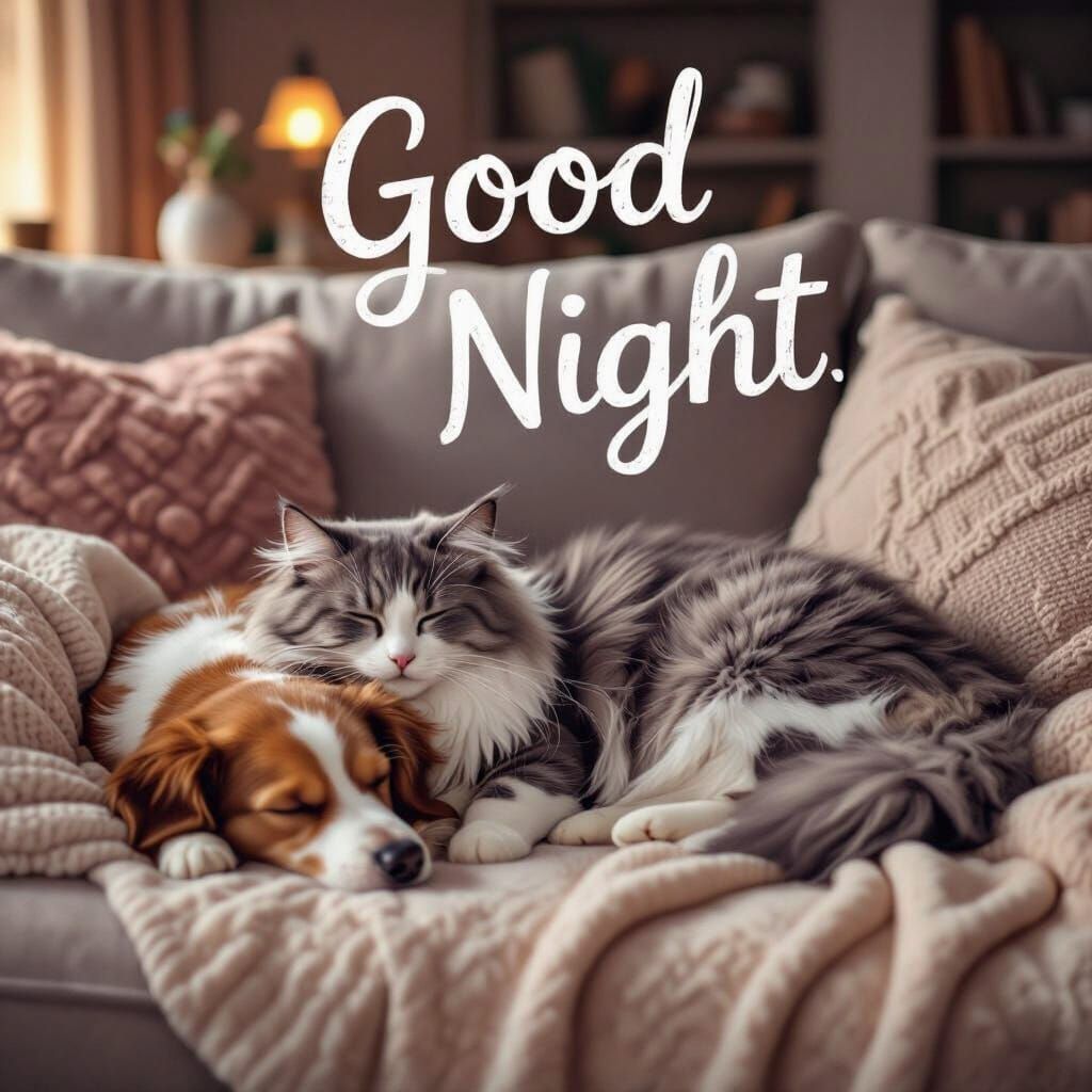 Cat and Dog Sleeping Peacefully: Whimsical Art