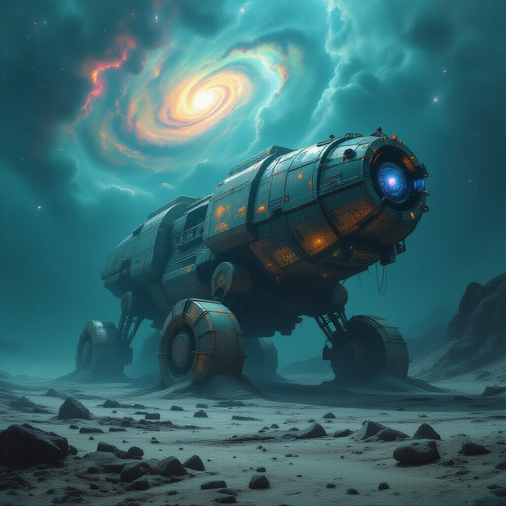 Ancient War Machine in Alien Ocean Under Nebula Sky