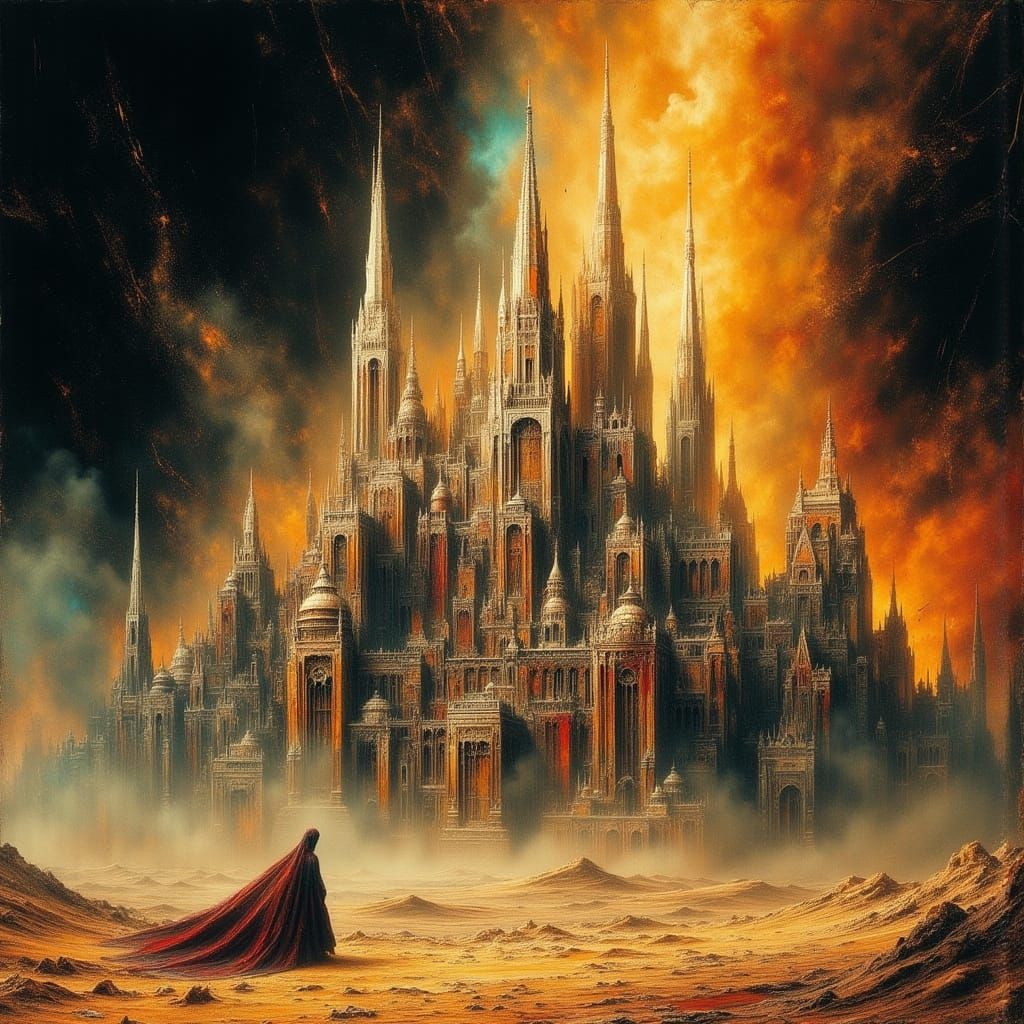 Sandstorm Devours Cybernetic City in Dark Oil Paint