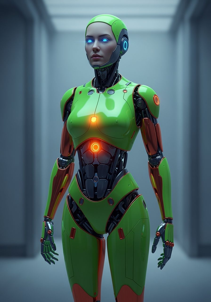 Futuristic Neon Robot Woman in Metallic Style