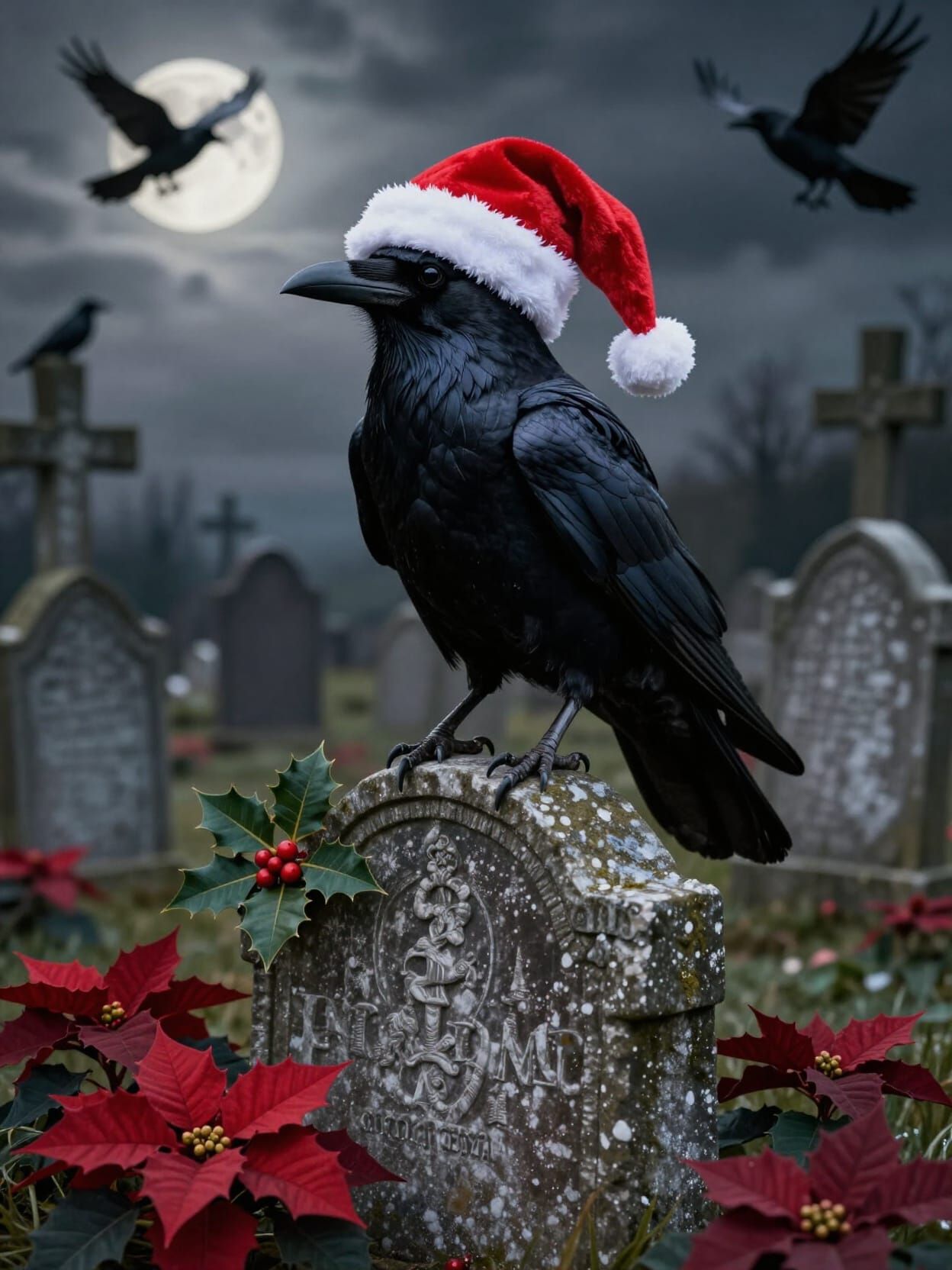 Gothic Raven in Santa Hat with Poinsettias