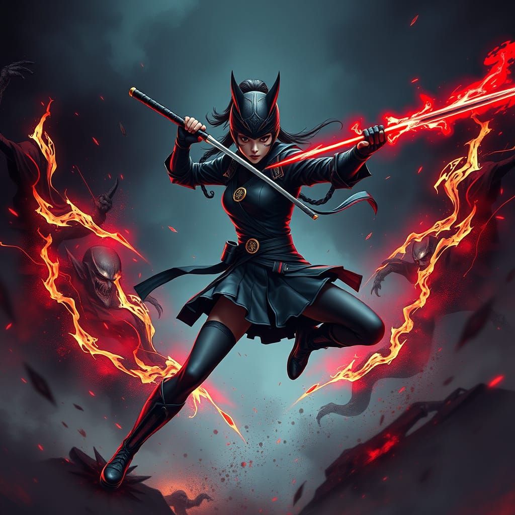 Asian Ninja vs Assassin in Cyberpunk Style