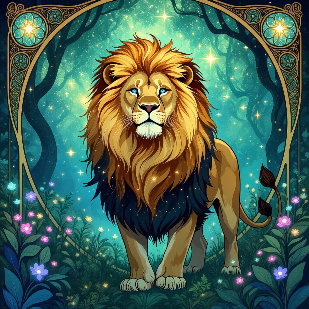 Lion with Starlight Mane in Art Nouveau Style