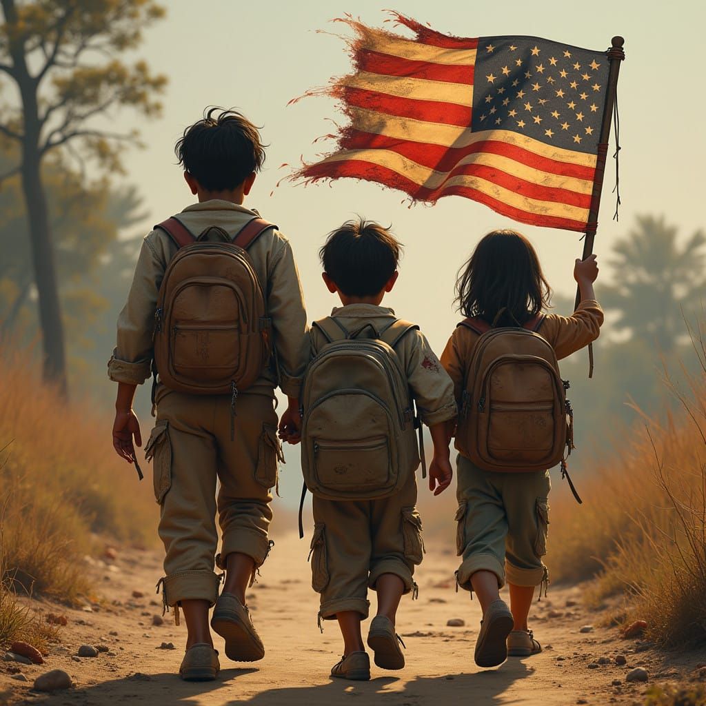 Multiracial Family Bids Farewell in Tattered Attire Waving A...