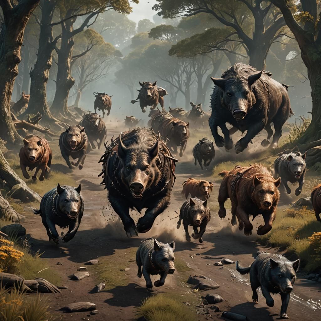 Feral Boar Hunt: Kelpie Dog Chase in Detailed Matte Painting