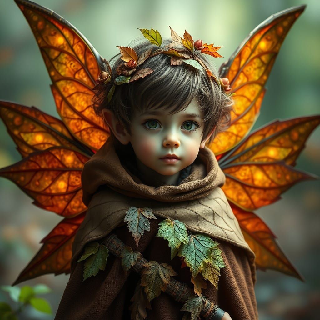 Woodland Pixie with Autumn Leaf Wings and Forest Cloak
