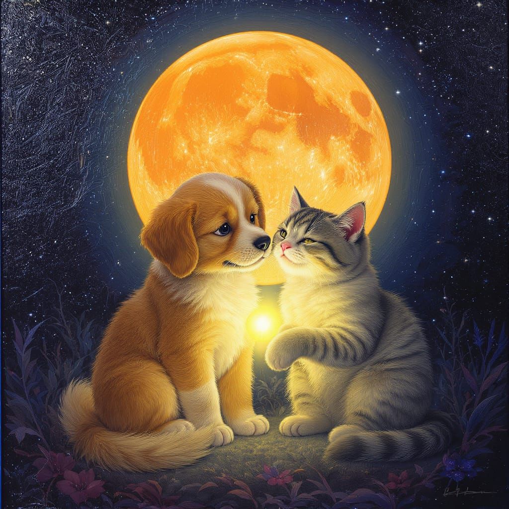 Affectionate Dog and Cat Under Harvest Moon