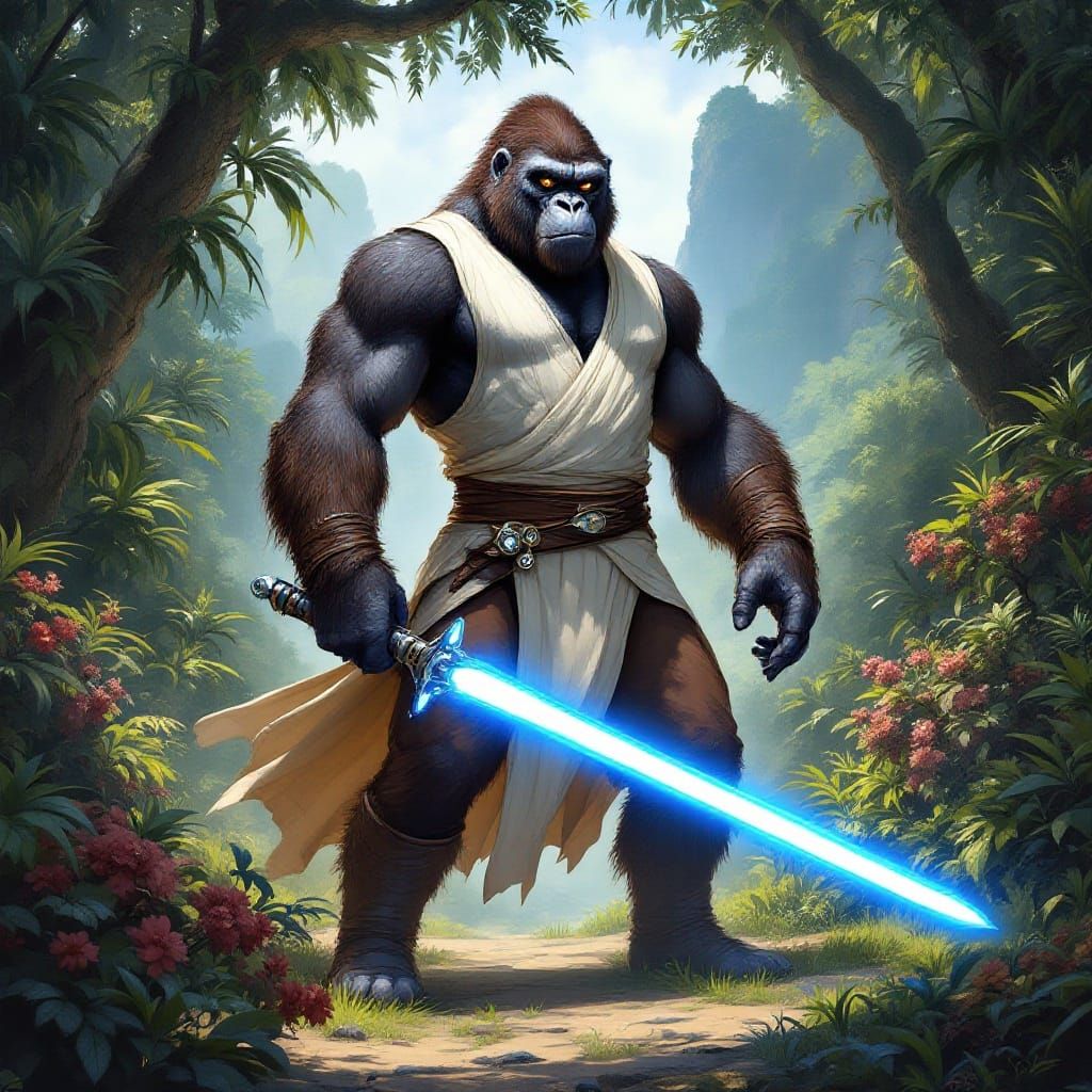 Majestic Gorilla Jedi Embodies Jedi Spirit in Vibrant Jungle...