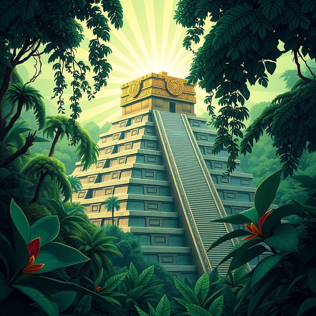 Golden Aztec Pyramid in Emerald Jungle, Anime Style