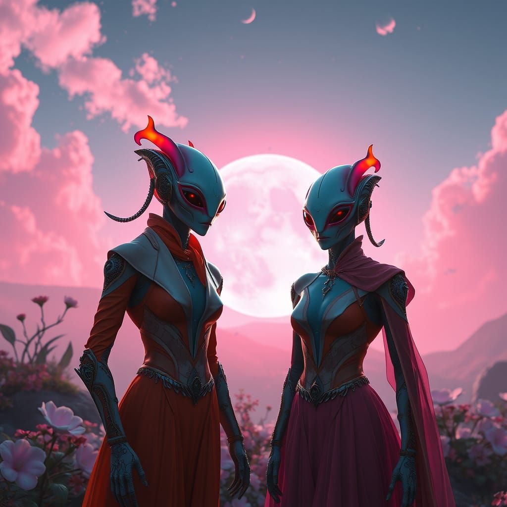 Elegant Aliens on Floral Planet in Dreamy Style