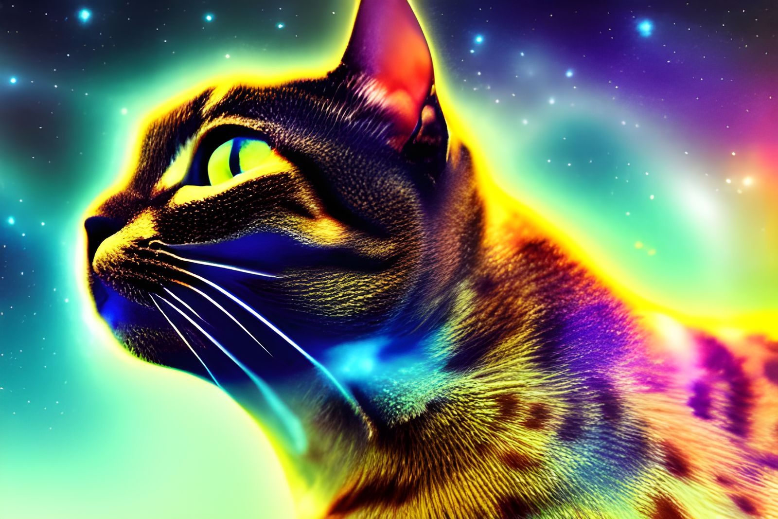 Photorealistic Cat Head Floating in Space Nebula