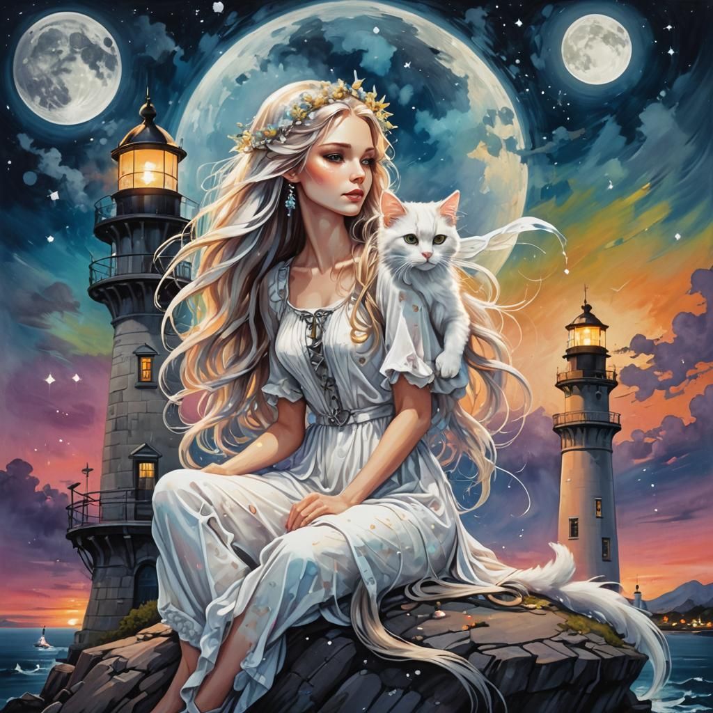 Ethereal Fairy on Lighthouse Under Moonlight: Digital Art
