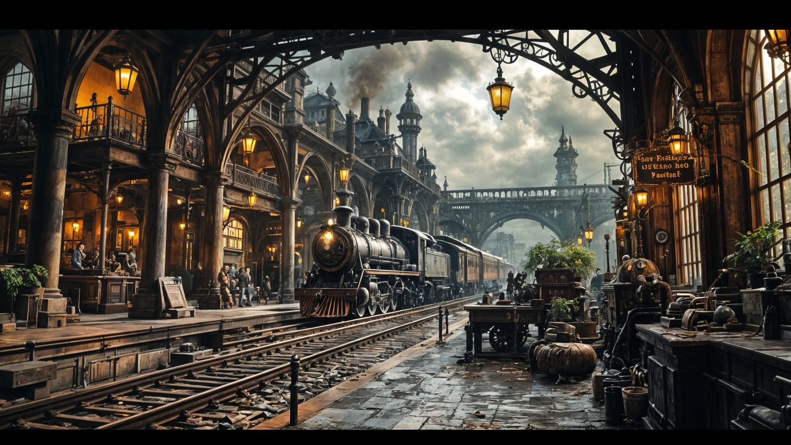 Detailed Steampunk Train Station Scene