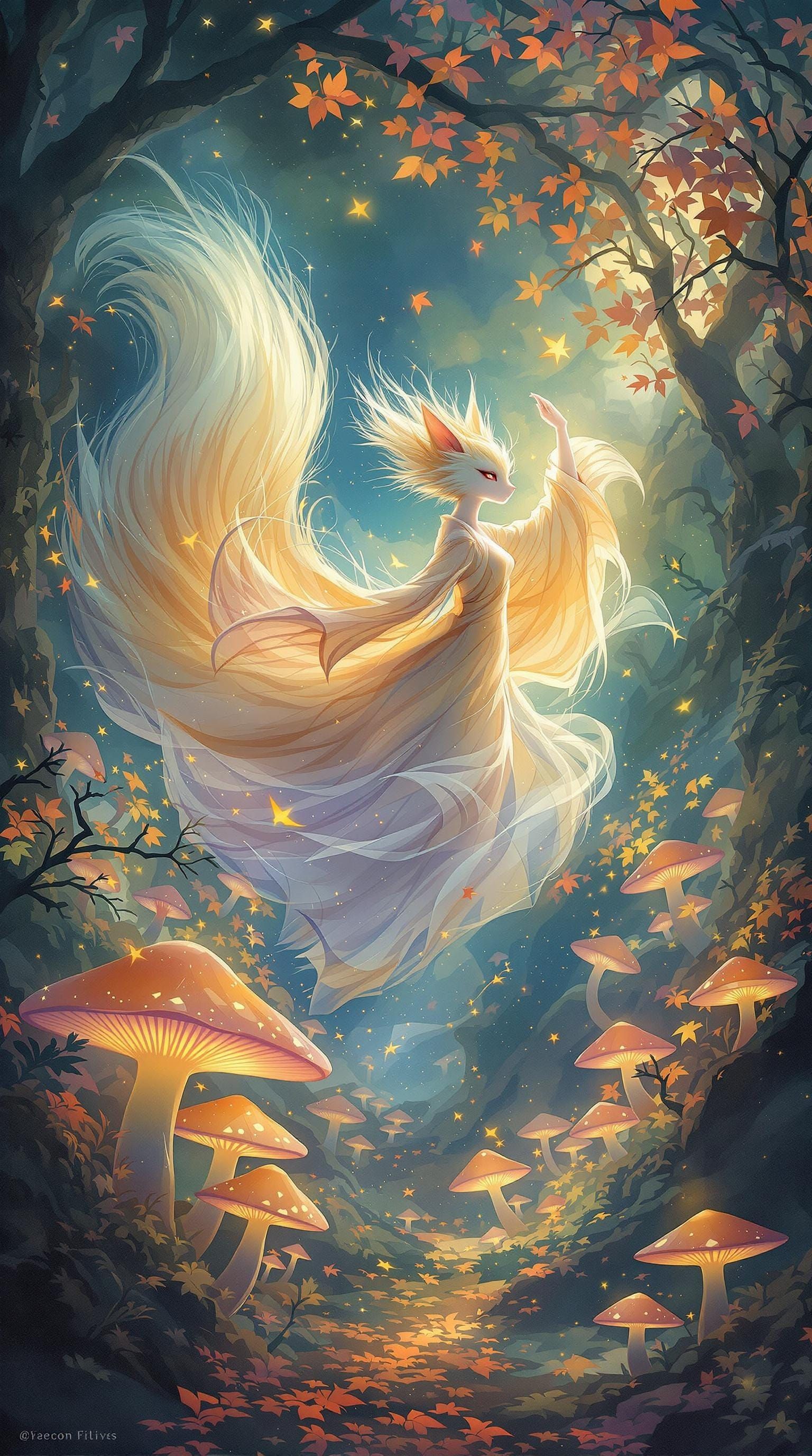 Kitsune's Ethereal Dance in Mystical Forest