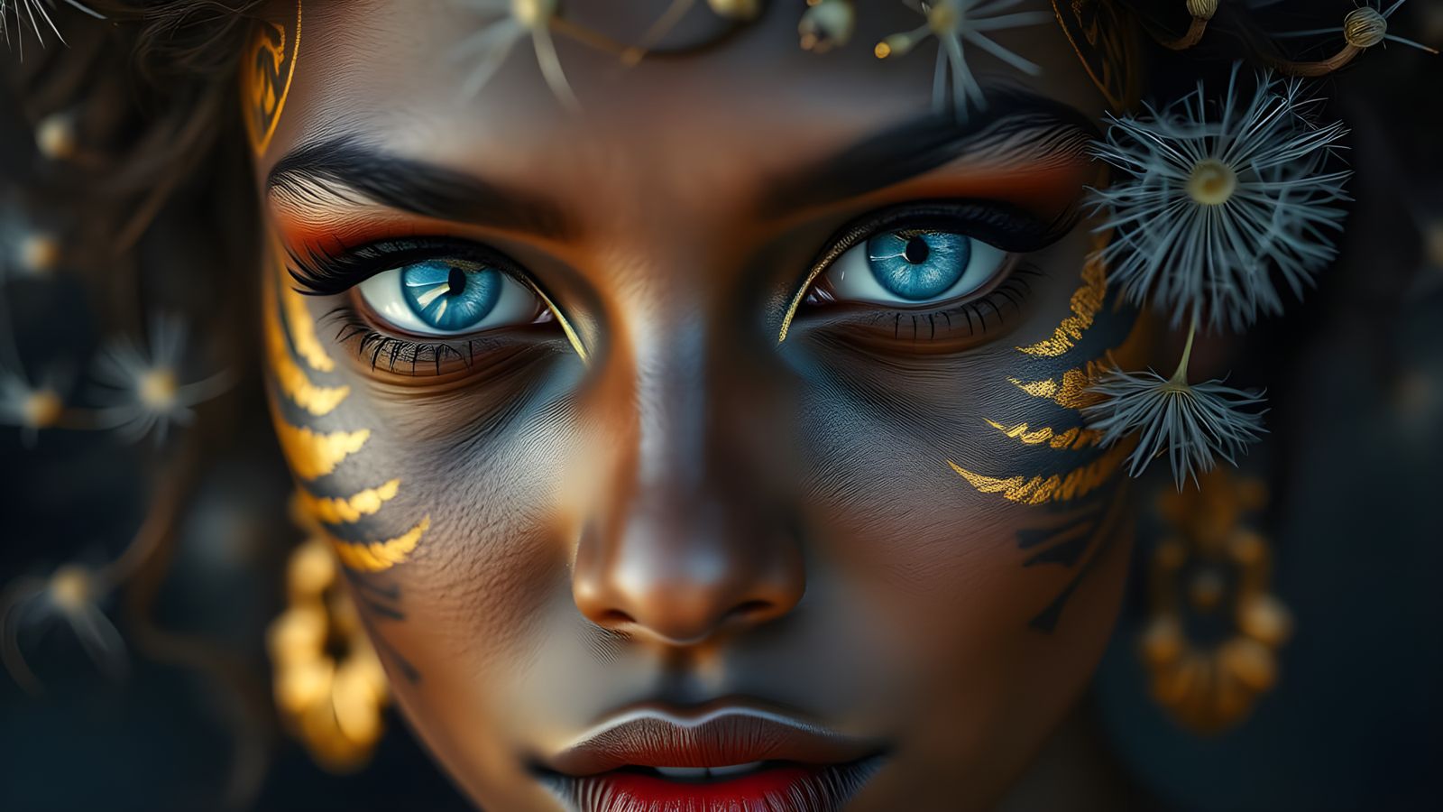 Ethereal Utopian Goddess with Shimmering Gold Makeup and Sap...