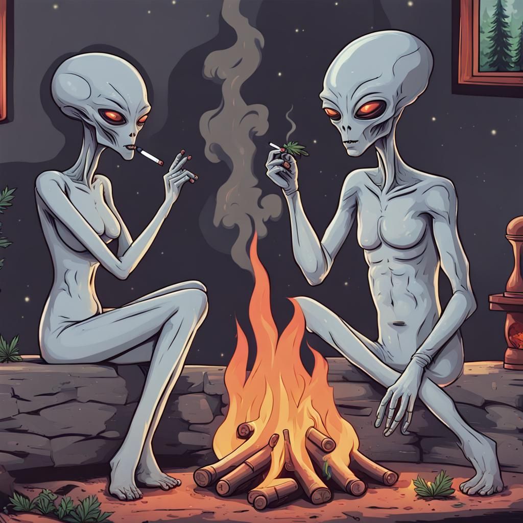 Grey Alien Couple Smoking Weed by Fire