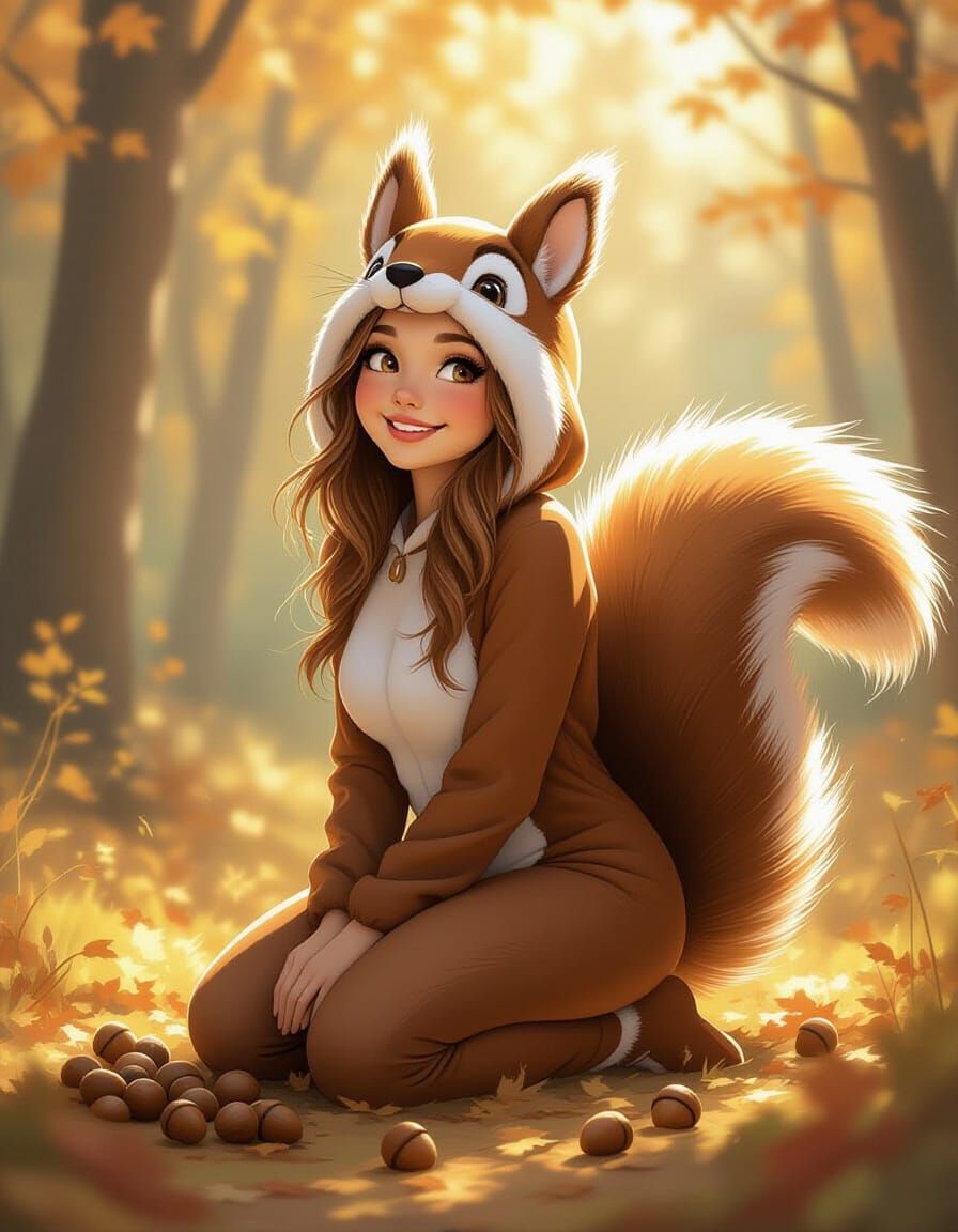 Woman in Squirrel Costume in Autumn Forest