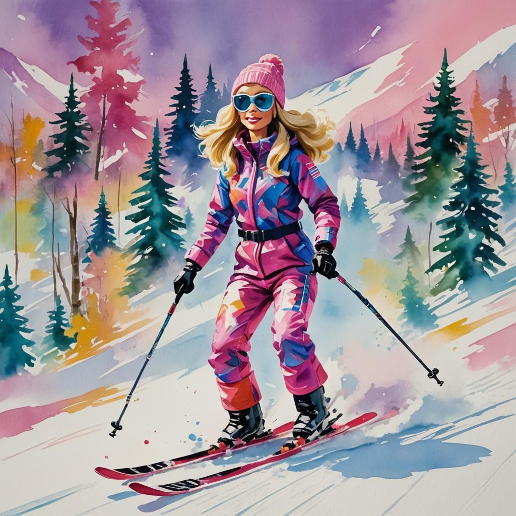 Barbie Skiing: Gouache Watercolor Impressionist Painting