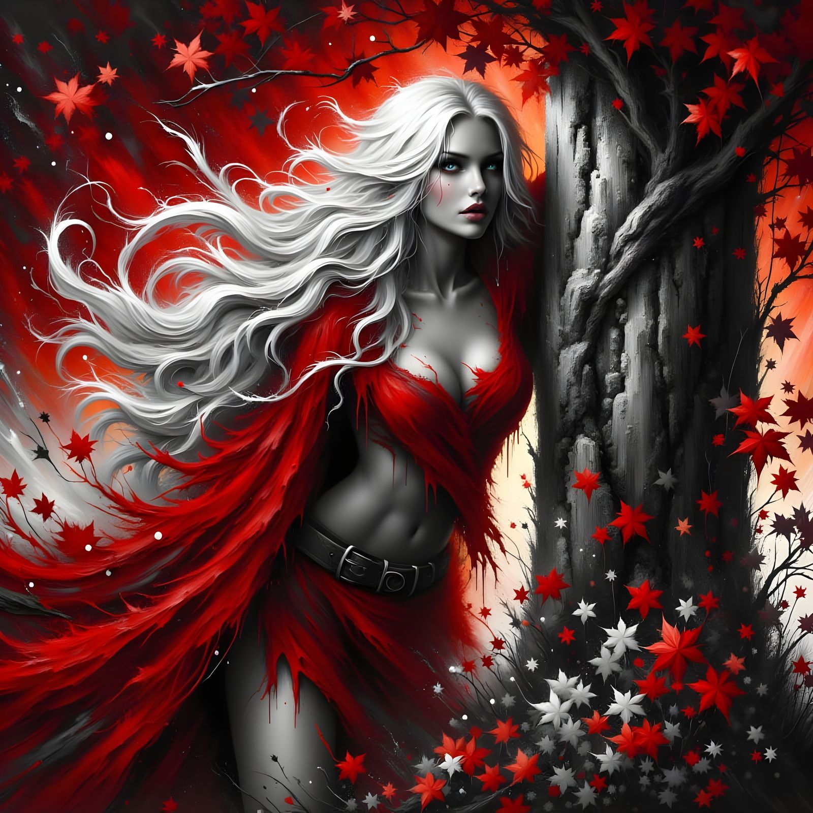 Norse Goddess in Red and Black Storm
